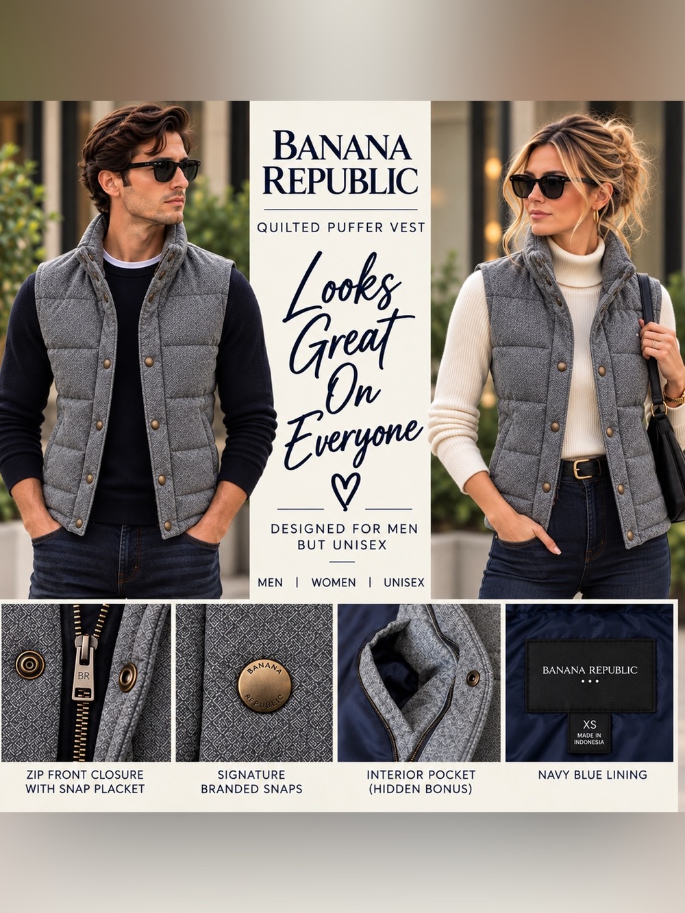 Banana Republic Men’s Heather Gray Quilted Puffer Vest - Unisex
Size: XS